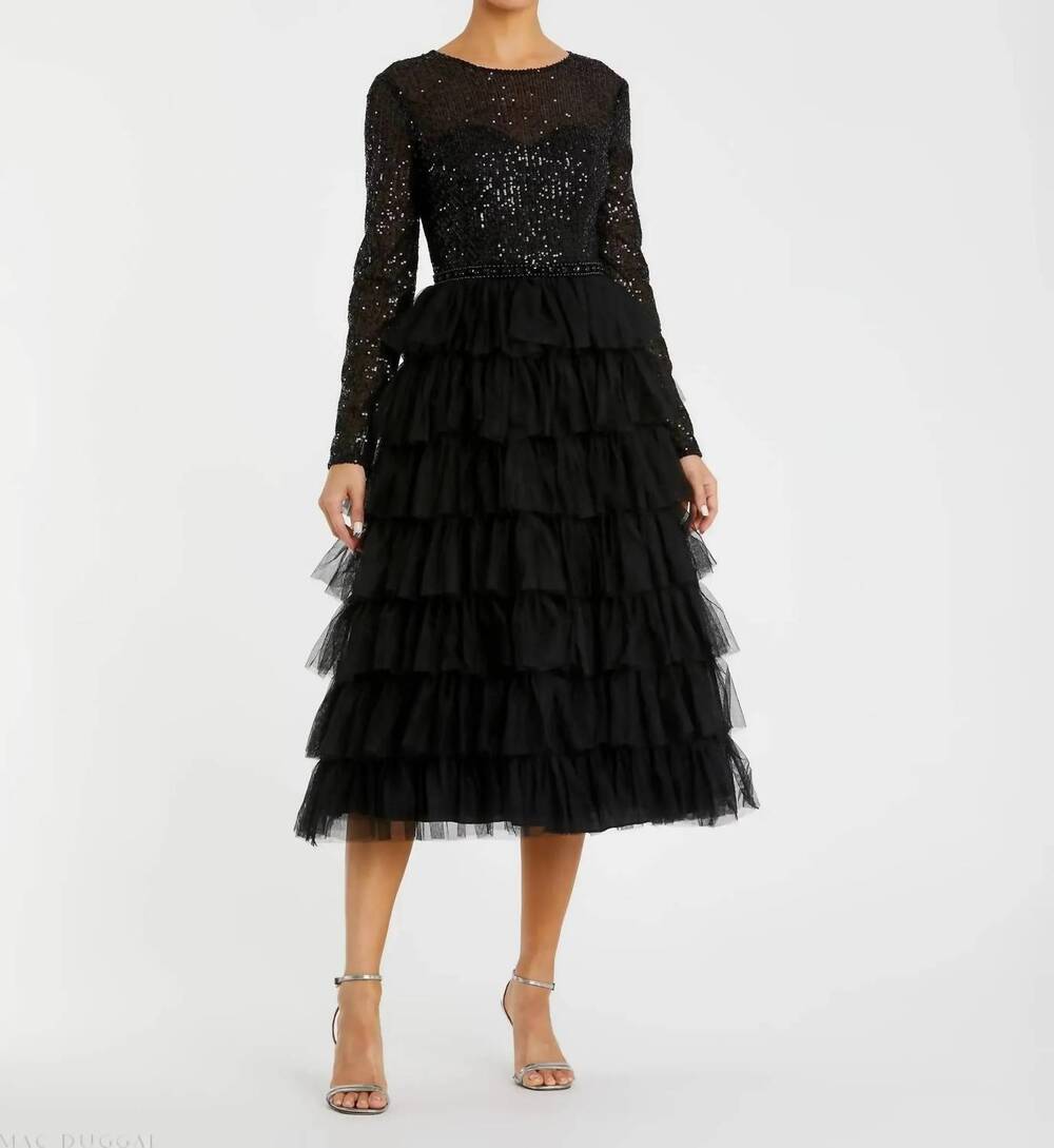 NEW MAC DUGGAL long sleeve ruffle tiered midi dress in black
